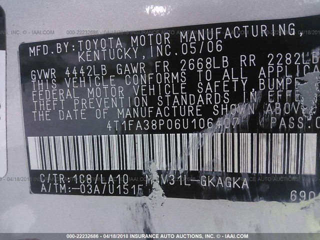 4T1FA38P06U106407 - 2006 TOYOTA CAMRY SOLARA SE/SLE Gümüş foto 9