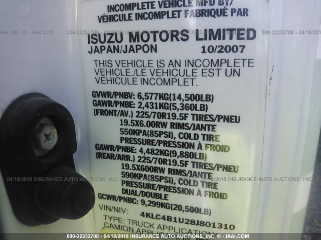 4KLC4B1U28J801310 - 2008 ISUZU NPR WHITE photo 10