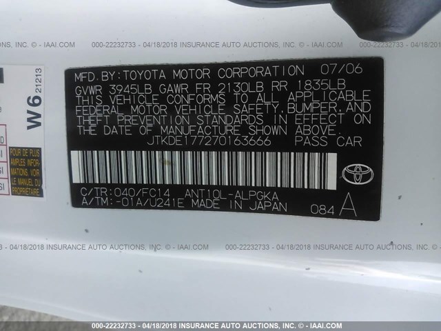 JTKDE177270163666 - 2007 TOYOTA SCION TC 白色 照片 9