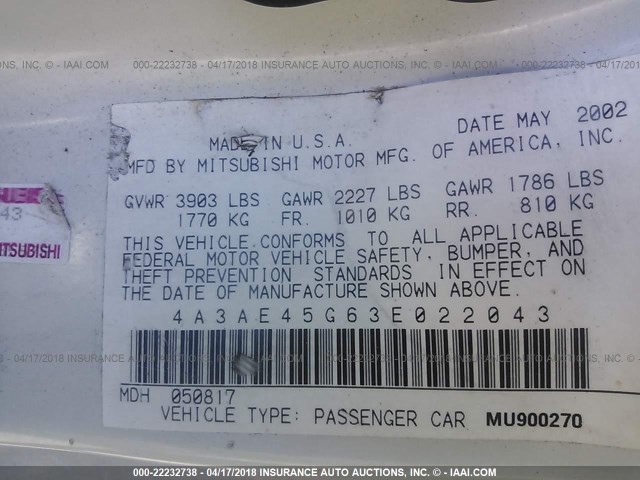 4A3AE45G63E022043 - 2003 MITSUBISHI ECLIPSE SPYDER GS WHITE photo 9