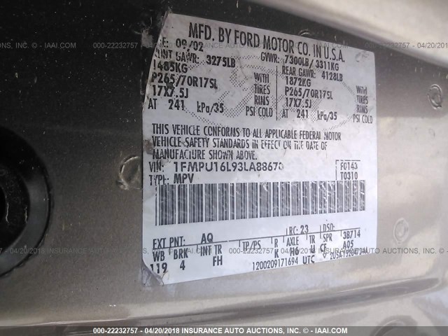 1FMPU16L93LA88670 - 2003 FORD EXPEDITION XLT Gold Foto 9