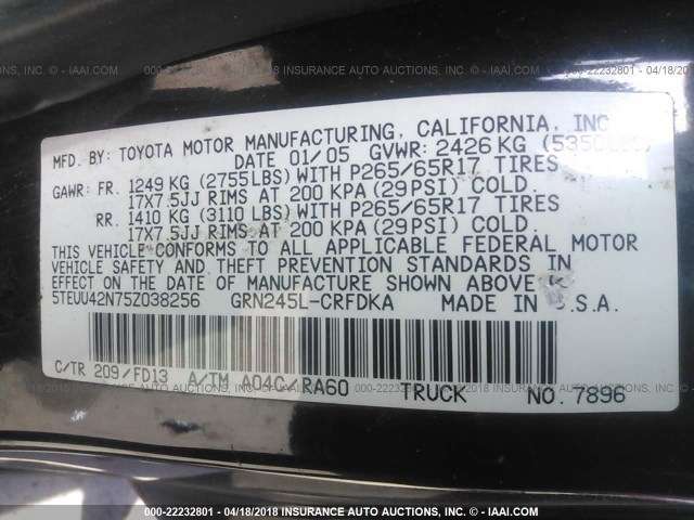 5TEUU42N75Z038256 - 2005 TOYOTA TACOMA ACCESS CAB Schwarz Foto 9