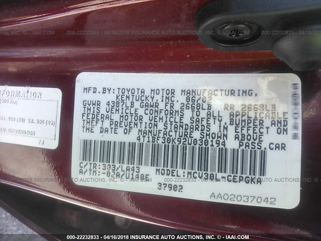 4T1BF30K92U030194 - 2002 TOYOTA CAMRY LE/XLE/SE 红色 照片 9