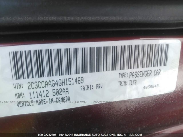 2C3CCAAG4GH151469 - 2016 CHRYSLER 300 LIMITED BURGUNDY photo 9