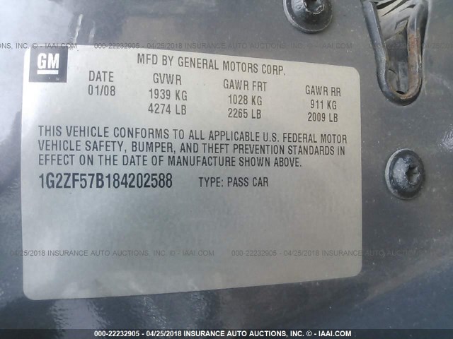 1G2ZF57B184202588 - 2008 PONTIAC G6 VALUE LEADER/BASE GRAY photo 9