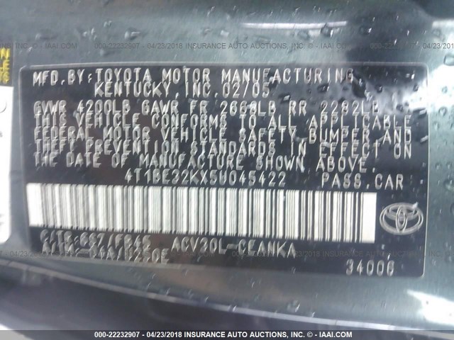 4T1BE32KX5U045422 - 2005 TOYOTA CAMRY LE/XLE/SE GREEN photo 9