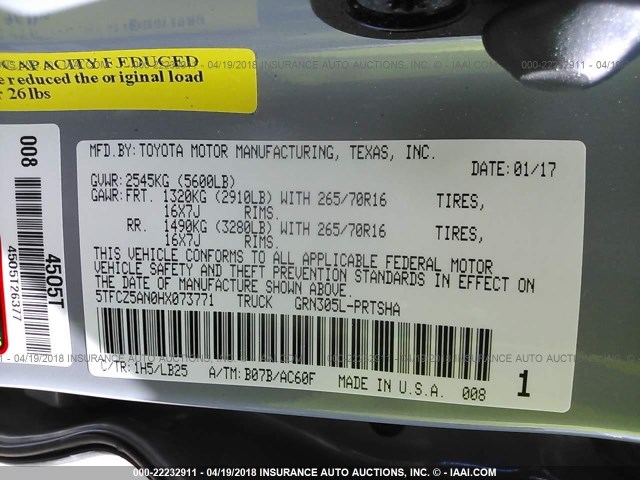 5TFCZ5AN0HX073771 - 2017 TOYOTA TACOMA DBL CAB/SR/TRDSPT/OR/PRO ნაცრისფერი ფოტო 9