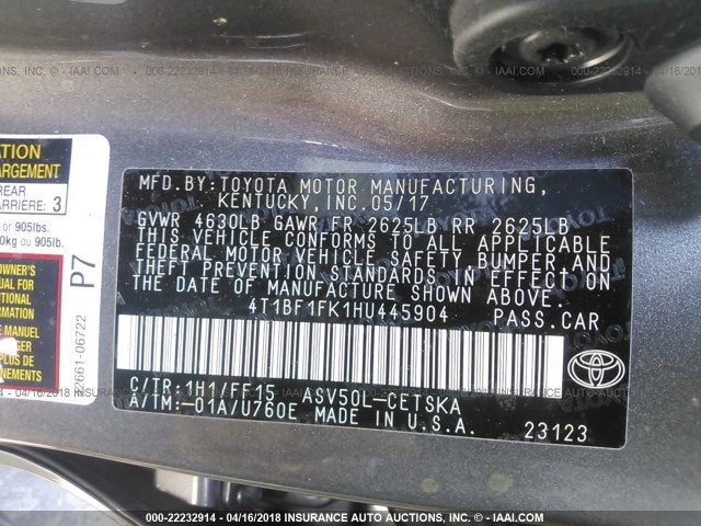 4T1BF1FK1HU445904 - 2017 TOYOTA CAMRY LE/XLE/SE/XSE SILVER photo 9