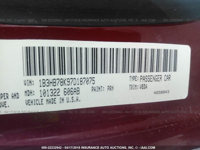 1B3HB78K97D187075 - 2007 DODGE CALIBER R/T BURGUNDY photo 9