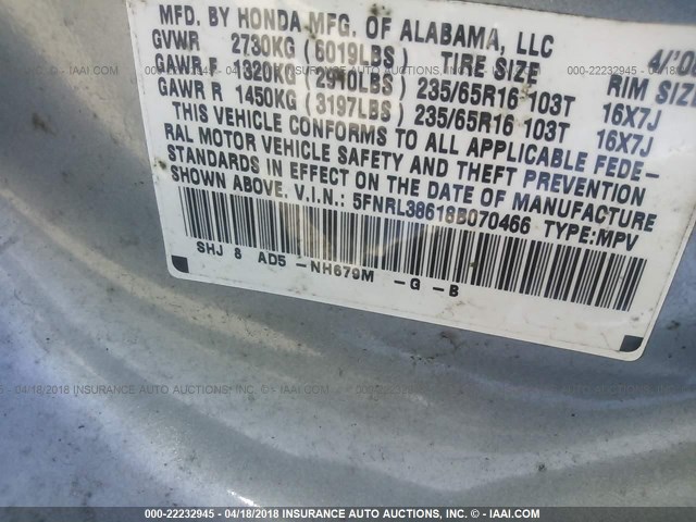 5FNRL38618B070466 - 2008 HONDA ODYSSEY EXL GRAY photo 9