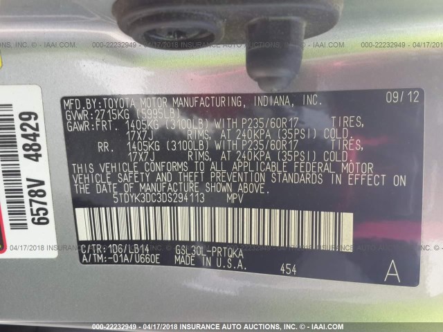 5TDYK3DC3DS294113 - 2013 TOYOTA SIENNA XLE/LIMITED GRAY photo 9