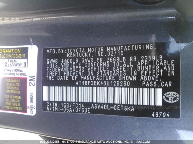 4T1BF3EK4BU126260 - 2011 TOYOTA CAMRY SE/LE/XLE GRAY photo 9