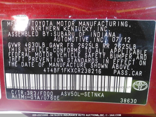 4T4BF1FKXCR238216 - 2012 TOYOTA CAMRY SE/LE/XLE 红色 照片 9