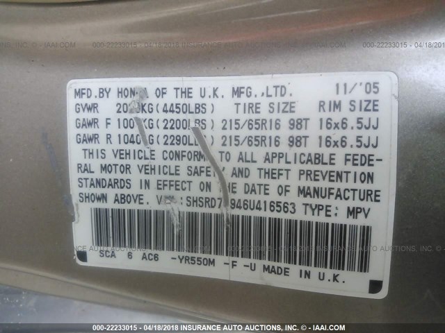 SHSRD78946U416563 - 2006 HONDA CR-V SE/EX GOLD photo 9