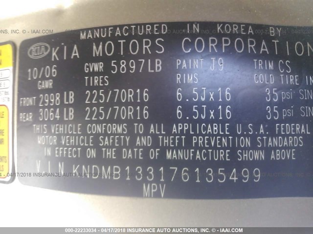 KNDMB133176135499 - 2007 KIA SEDONA EX/LX GOLD photo 9