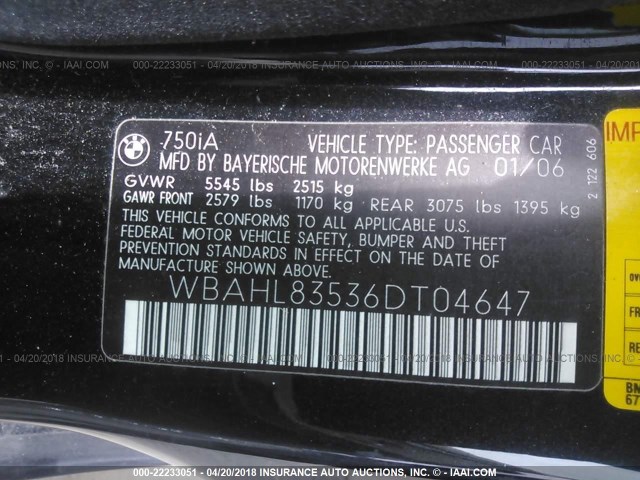 WBAHL83536DT04647 - 2006 BMW 750 I BLACK photo 9