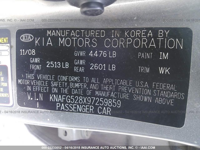 KNAFG528X97259859 - 2009 KIA RONDO LX/EX GRAY photo 9