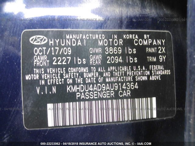 KMHDU4AD9AU914364 - 2010 HYUNDAI ELANTRA BLUE/GLS/SE Dark Blue photo 9