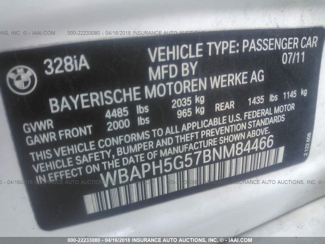 WBAPH5G57BNM84466 - 2011 BMW 328 I SULEV WHITE photo 9