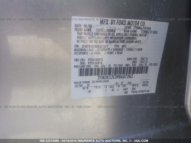 2FMDK52C09BA07263 - 2009 FORD FLEX SEL ვერცხლისფერი ფოტო 9