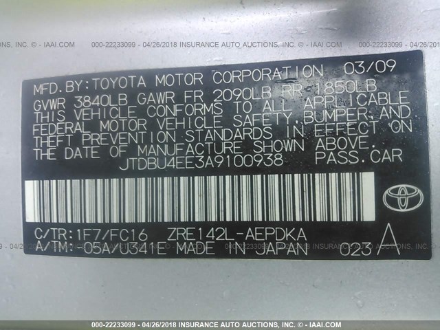 JTDBU4EE3A9100938 - 2010 TOYOTA COROLLA S/LE/XLE SILVER photo 9