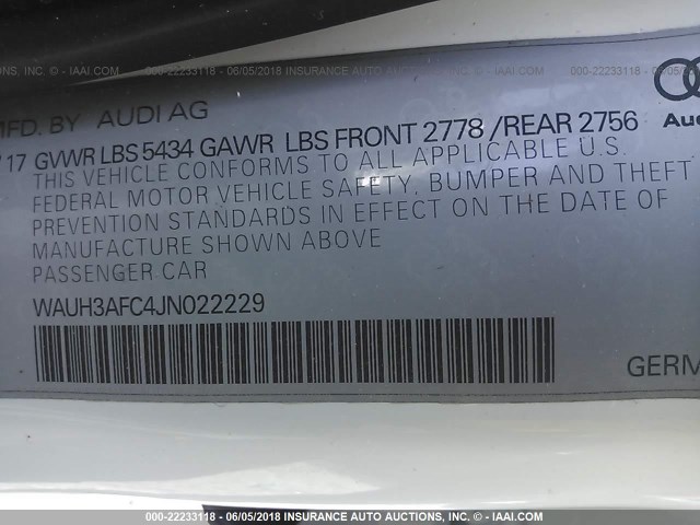 WAUH3AFC4JN022229 - 2018 AUDI A6 PRESTIGE თეთრი ფოტო 9