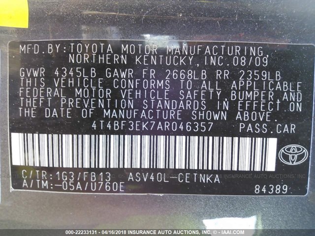 4T4BF3EK7AR046357 - 2010 TOYOTA CAMRY SE/LE/XLE GRAY photo 9