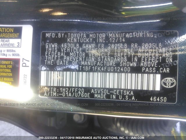 4T1BF1FK4FU012400 - 2015 TOYOTA CAMRY LE/XLE/SE/XSE Dark Blue photo 9