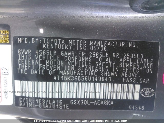 4T1BK36B56U149840 - 2006 TOYOTA AVALON XL/XLS/TOURING/LIMITED GRAY photo 9