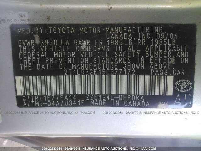 2T1LR32E15C377172 - 2005 TOYOTA COROLLA MATRIX XR SILVER photo 9