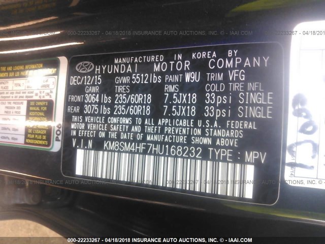 KM8SM4HF7HU168232 - 2017 HYUNDAI SANTA FE SE GRAY photo 9