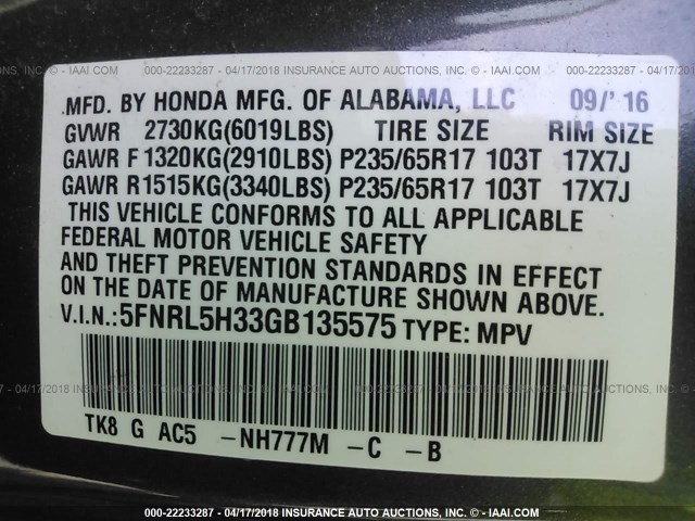 5FNRL5H33GB135575 - 2016 HONDA ODYSSEY SE GRAY photo 9