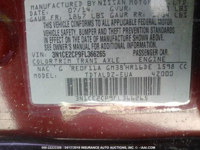 3N1CE2CP9FL366265 - 2015 NISSAN VERSA NOTE S/S PLUS/SV/SL/SR BURGUNDY photo 9