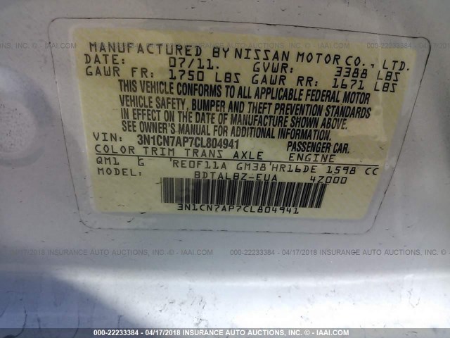 3N1CN7AP7CL804941 - 2012 NISSAN VERSA S/SV/SL WHITE photo 9