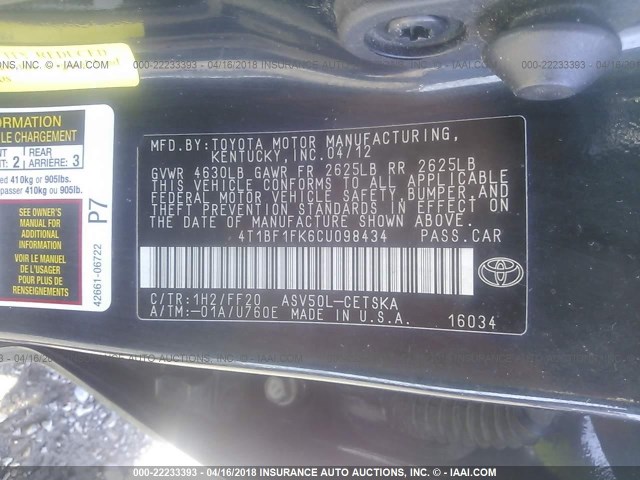 4T1BF1FK6CU098434 - 2012 TOYOTA CAMRY SE/LE/XLE GREEN photo 9