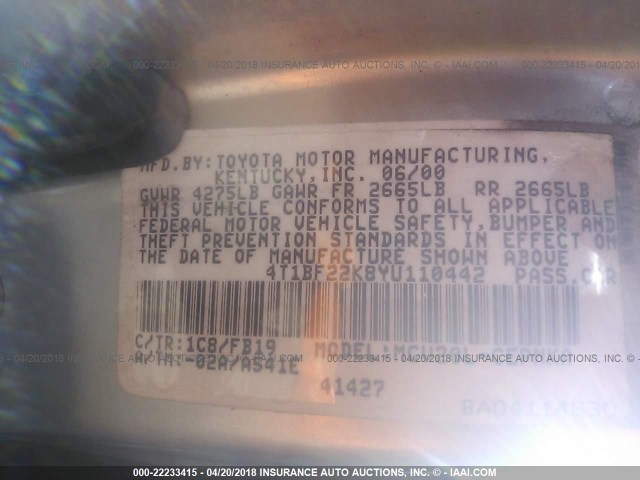 4T1BF22K8YU110442 - 2000 TOYOTA CAMRY LE/XLE Silber Foto 9