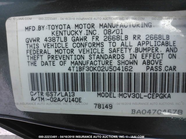 4T1BF30K02U504162 - 2002 TOYOTA CAMRY LE/XLE/SE GREEN photo 9