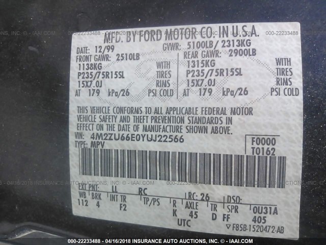 4M2ZU66E0YUJ22566 - 2000 MERCURY MOUNTAINEER  ლურჯი ფოტო 9