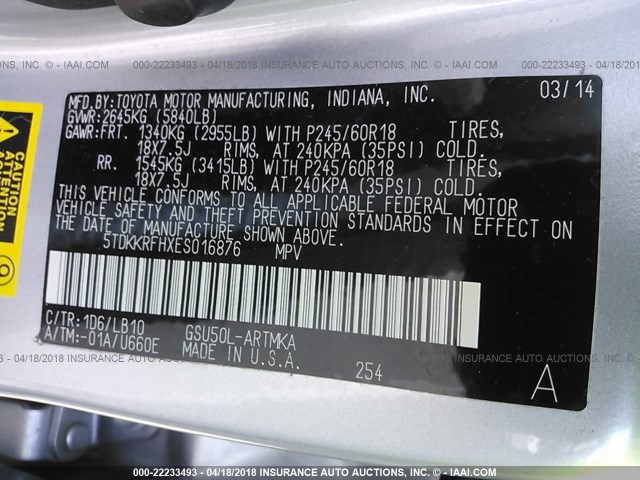 5TDKKRFHXES016876 - 2014 TOYOTA HIGHLANDER XLE ვერცხლისფერი ფოტო 9