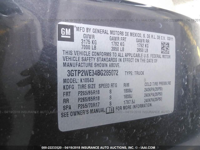 3GTP2WE34BG285072 - 2011 GMC SIERRA K1500 SLT GRAY photo 9