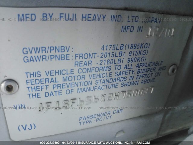 JF1SF656X2H750037 - 2002 SUBARU FORESTER S SILVER photo 9