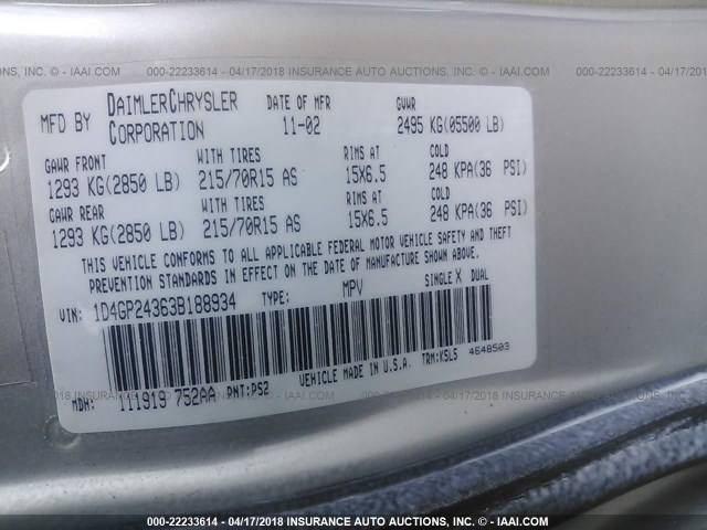 1D4GP24363B188934 - 2003 DODGE GRAND CARAVAN SE SILVER photo 9