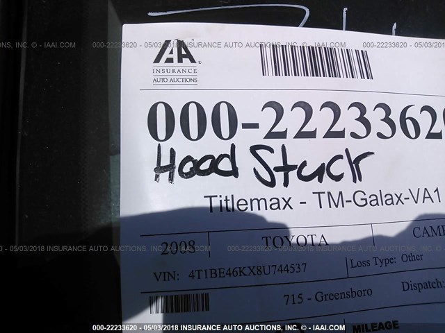 4T1BE46KX8U744537 - 2008 TOYOTA CAMRY CE/LE/XLE/SE GRAY photo 10