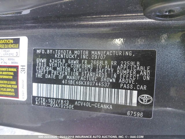4T1BE46KX8U744537 - 2008 TOYOTA CAMRY CE/LE/XLE/SE GRAY photo 9