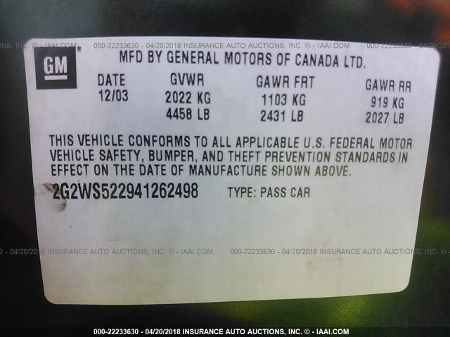 2G2WS522941262498 - 2004 PONTIAC GRAND PRIX GT2 მწვანე ფოტო 9