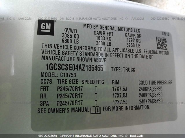 1GCSCSE04AZ186465 - 2010 CHEVROLET SILVERADO C1500 LT SILVER photo 9