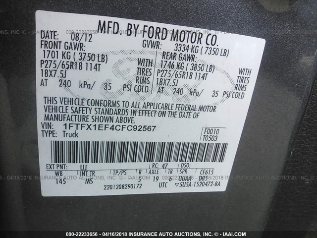 1FTFX1EF4CFC92567 - 2012 FORD F150 SUPER CAB GRAY photo 9