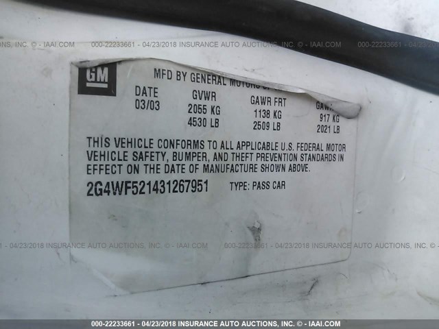 2G4WF521431267951 - 2003 BUICK REGAL GS WHITE photo 9