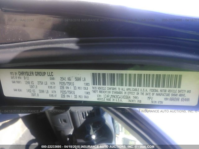 1C4PJMAK8CW103364 - 2012 JEEP LIBERTY SPORT 黑色 照片 9