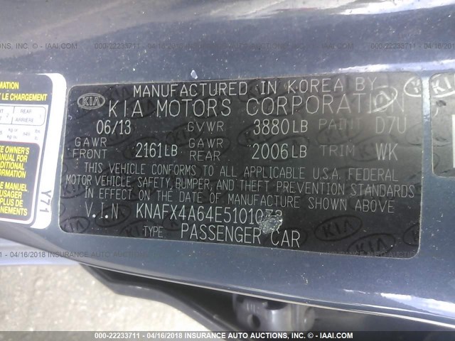 KNAFX4A64E5101078 - 2014 KIA FORTE LX GRAY photo 9